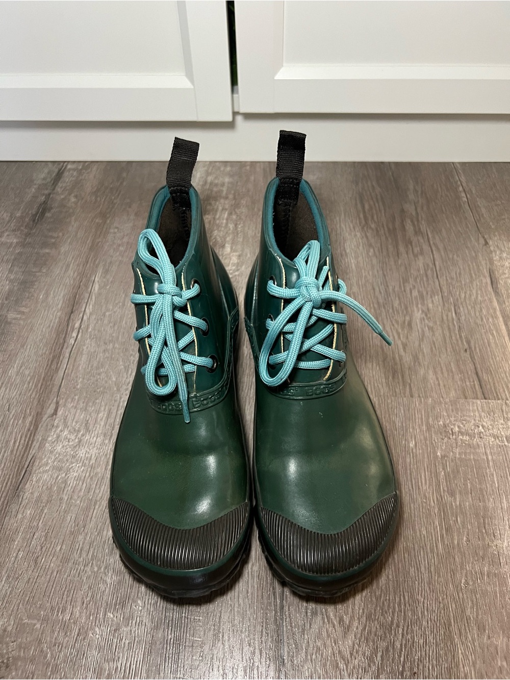 Women’s Bogs Green/Aqua Waterproof Lace-Up Rain Boots with Light Blue Laces